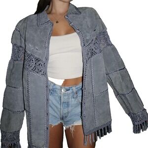 NWT Dress Barn Vintage Blue Leather Crochet Lace Fringe Patchwork Jacket 16
